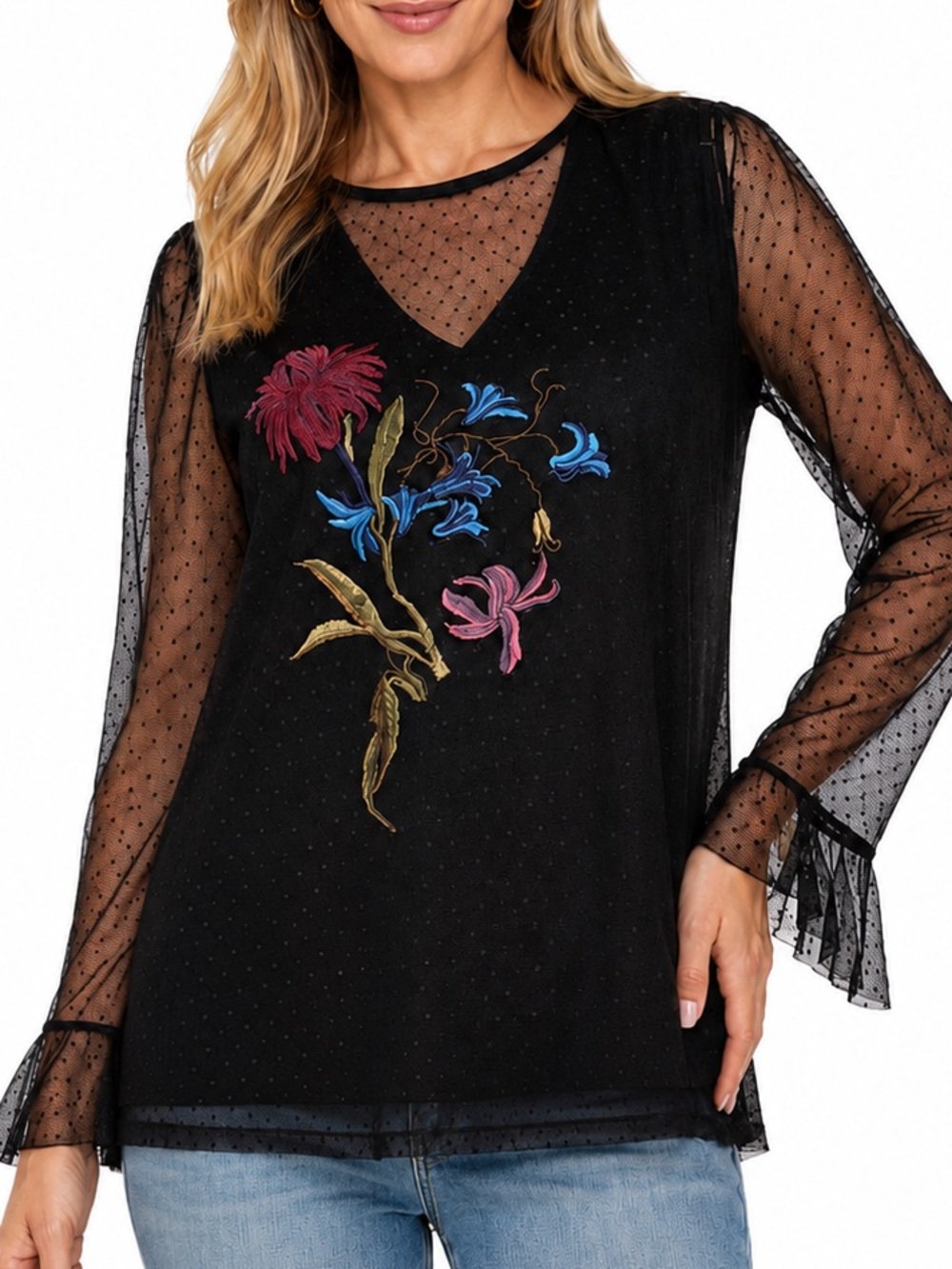 Lost Ink black mesh/sheer blouse featuring prominent floral embroidery xl